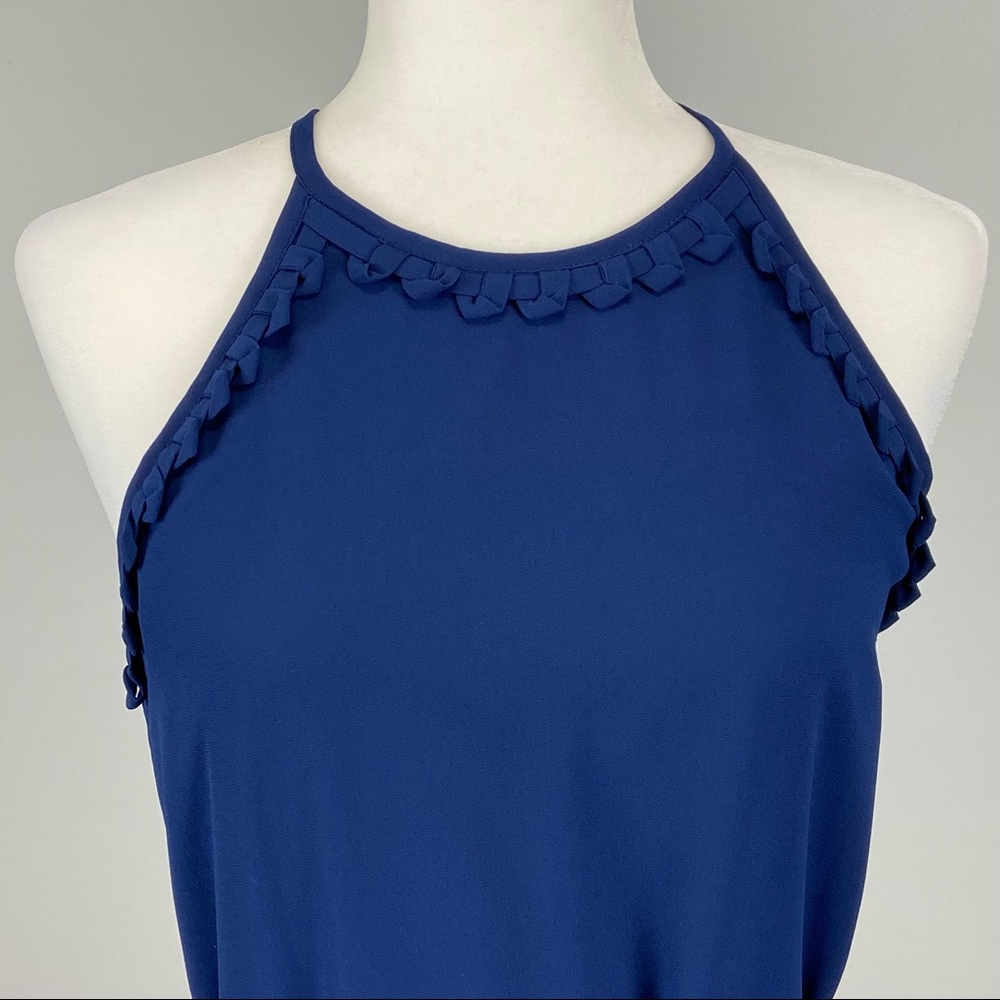 Leeli Lou Womens Sleeveless Halter Mini Dress Blue Chiffon Belted size Small - Picture 2 of 11